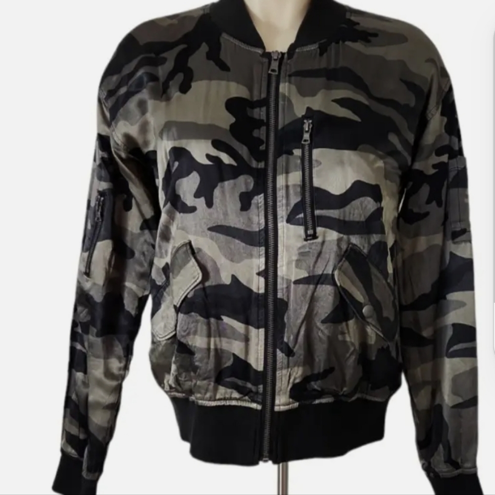 Marrakech Camouflage Bomber Jacket Sz M Black Gray Camo Zip-Up Pockets Lined